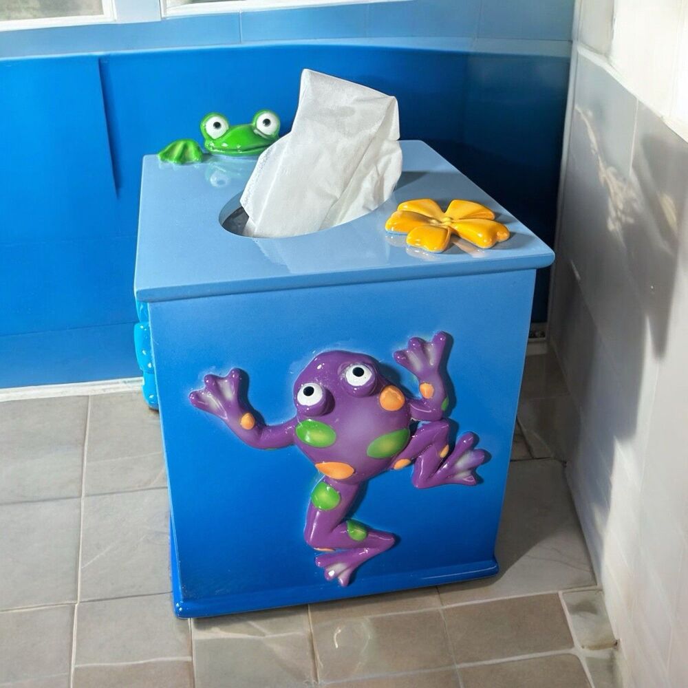Jennifer Clark SKL Blue Ombre 3D Tropical Frog W/ Flower Tissue Box Cover Holder